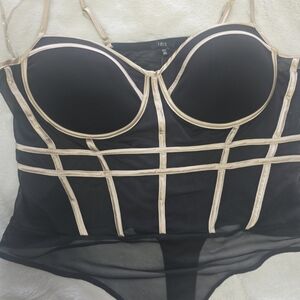 iris Black Sheer Bustier Bodysuit with Gold Trim